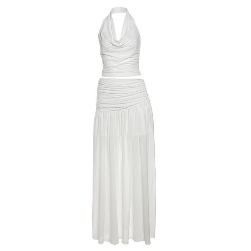 Cowl neck halter ruched backless maxi skirt set