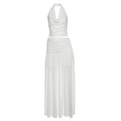 Cowl neck halter ruched backless maxi skirt set