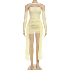 Mesh ruched gloves backless tube mini dress