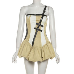 Irregular one shoulder ruched buckle mini dress