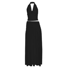 Cowl neck halter ruched backless maxi skirt set