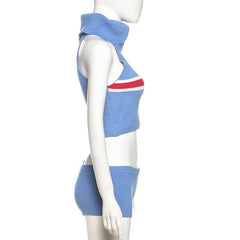 High neck knitted cross pattern low rise pant set