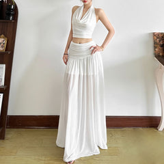 Cowl neck halter ruched backless maxi skirt set