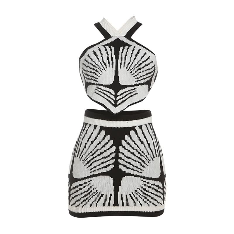 Cross back knitted v neck contrast mini skirt set