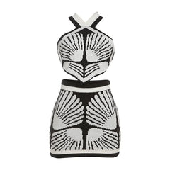 Cross back knitted v neck contrast mini skirt set
