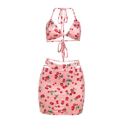 Halter self tie Cherry print v neck bikini swimwear