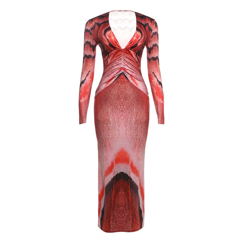 Long sleeve print v neck ruched maxi dress
