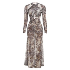 Long sleeve hollow out snakeskin print cut out maxi dress