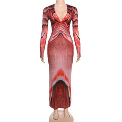 Long sleeve print v neck ruched maxi dress