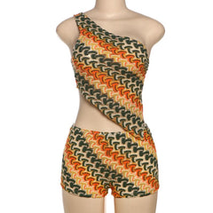 One shoulder self tie knitted irregular pant set