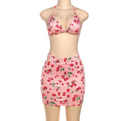 Halter self tie Cherry print v neck bikini swimwear