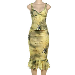 Ruffle v neck low cut print cami midi skirt set