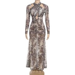 Long sleeve hollow out snakeskin print cut out maxi dress