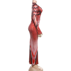 Long sleeve print v neck ruched maxi dress