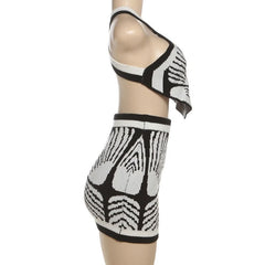 Cross back knitted v neck contrast mini skirt set