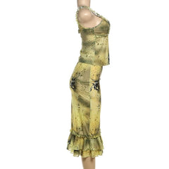 Ruffle v neck low cut print cami midi skirt set