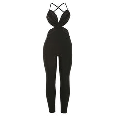 Cross back v neck ruched zip-up jumpsuit