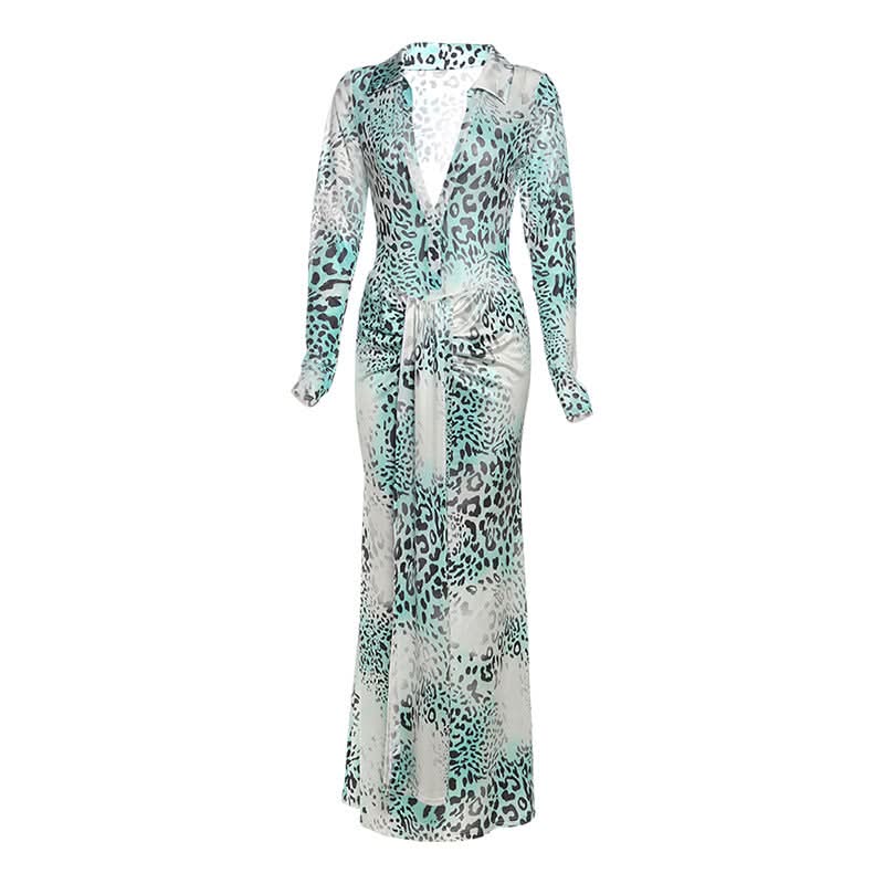 Long sleeve leopard print v neck maxi skirt set