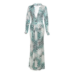 Long sleeve leopard print v neck maxi skirt set