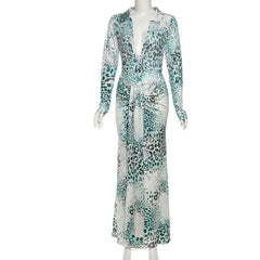 Long sleeve leopard print v neck maxi skirt set
