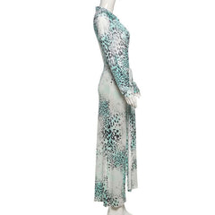 Long sleeve leopard print v neck maxi skirt set