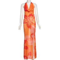Halter cowl neck mesh slit flower print maxi dress