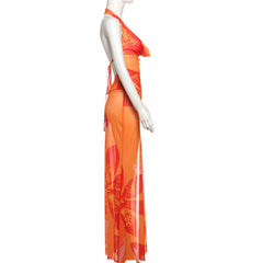 Halter cowl neck mesh slit flower print maxi dress
