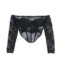 Off shoulder corset long sleeve lace top