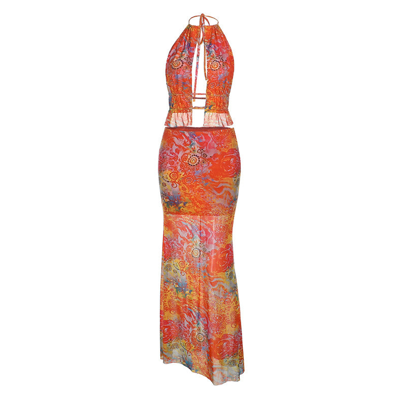 Contrast halter backless self tie maxi skirt set
