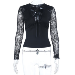 Long sleeve lace self tie v neck top