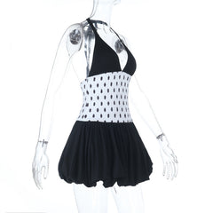 Halter polka dot v neck smocked mini dress