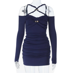 Cross front off shoulder ruched solid mini dress