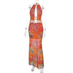 Contrast halter backless self tie maxi skirt set