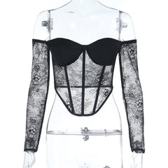Off shoulder corset long sleeve lace top