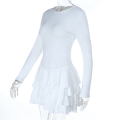 Crewneck long sleeve solid ruffle mini dress