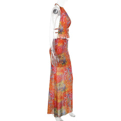 Contrast halter backless self tie maxi skirt set