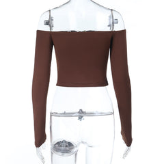 Off shoulder long sleeve hollow out beaded cut out top