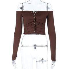 Off shoulder long sleeve hollow out beaded cut out top