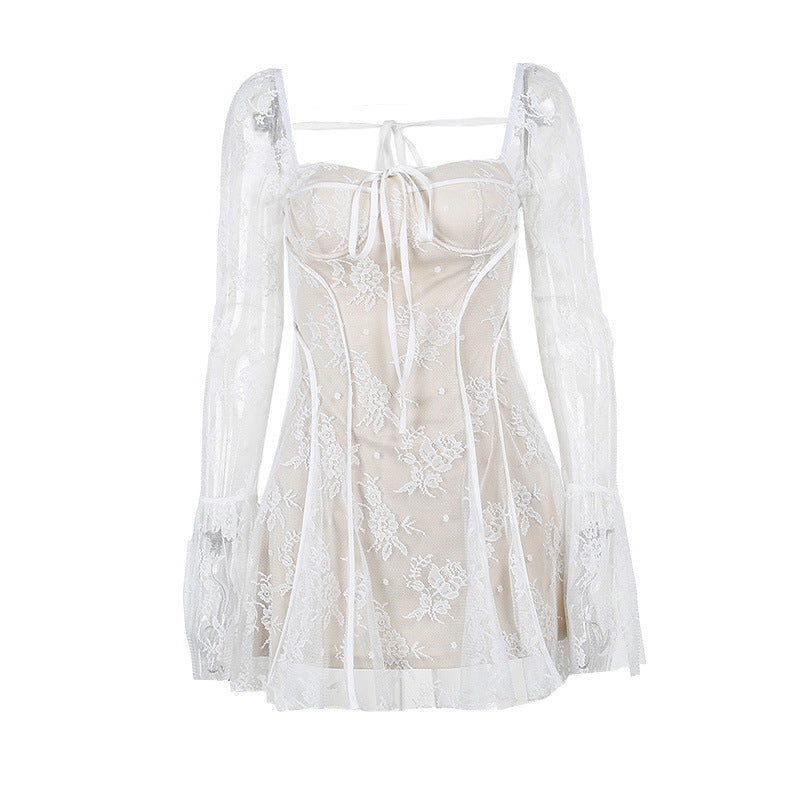 Long flared sleeve lace self tie zip-up mini dress