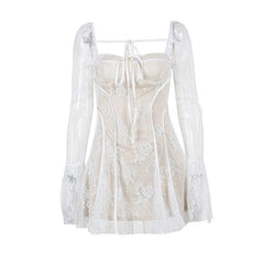 Long flared sleeve lace self tie zip-up mini dress