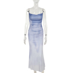 Gradient mesh ruched cami maxi dress