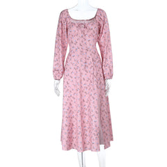 Square neck long sleeve high slit flower print maxi dress