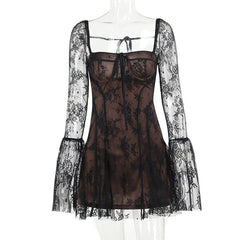 Long flared sleeve lace self tie zip-up mini dress
