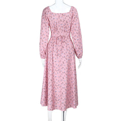 Square neck long sleeve high slit flower print maxi dress