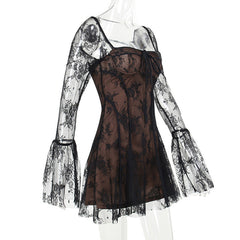 Long flared sleeve lace self tie zip-up mini dress