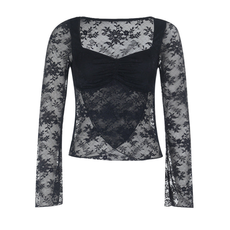 Long sleeve lace ruched top