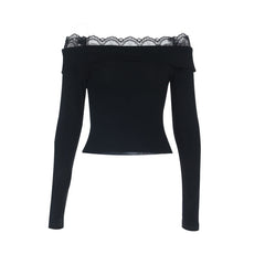 Long sleeve lace hem solid off shoulder top
