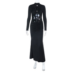 Long sleeve high neck hollow out cut out maxi dress