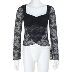 Long sleeve lace ruched top