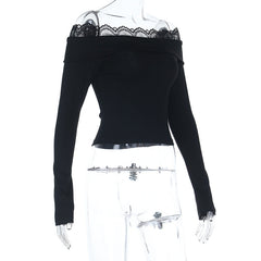 Long sleeve lace hem solid off shoulder top